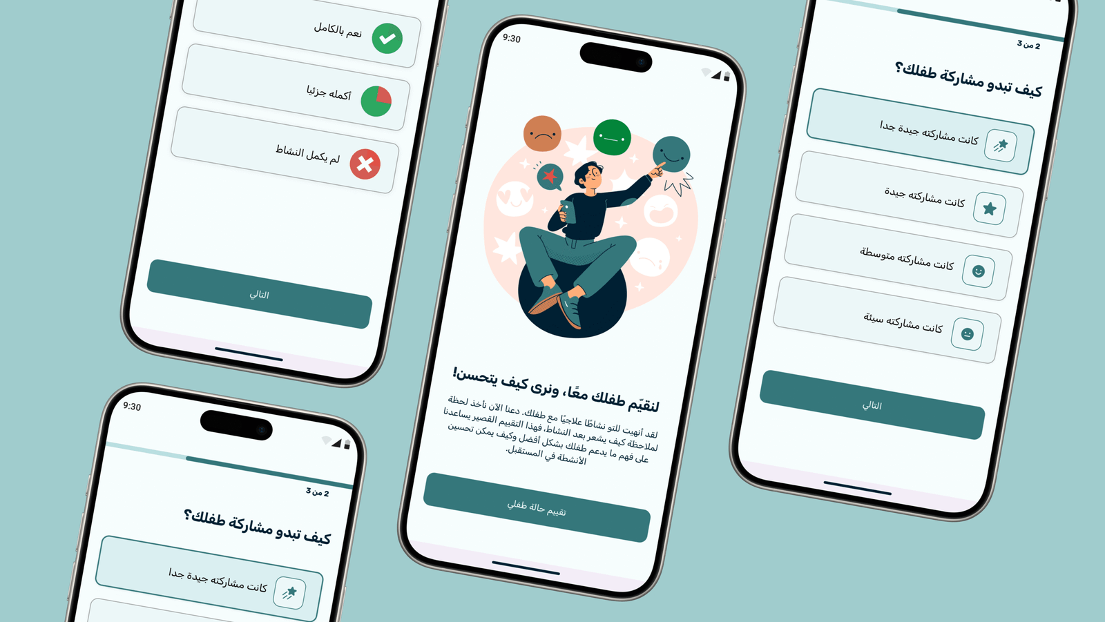 Screens showing the activity evaluation process in Taif, including emotional check-ins and child participation assessment after completing therapeutic tasks.